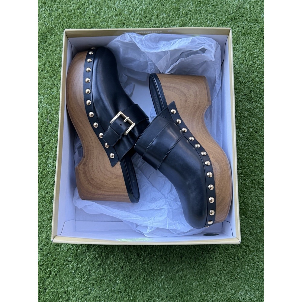 NIB Michael Kors Rye Platform Clogs Black Leather Gold Studded Mule 9M - Picture 6 of 9